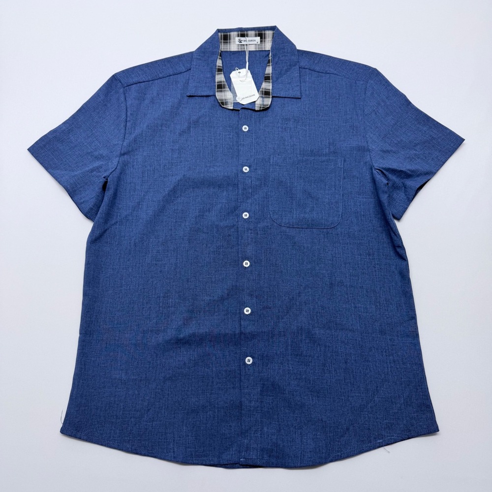 Hungson Mens Blue Rayon Linen Blend Short Sleeve Camp Collar Shirt Size M NEW